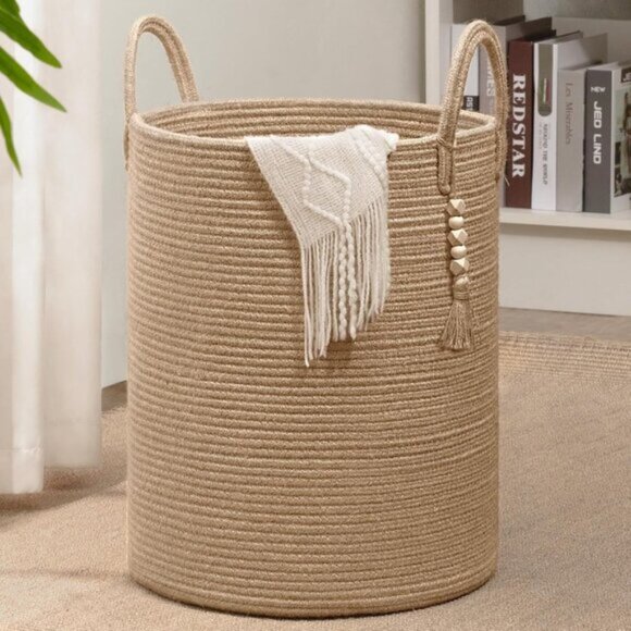 New Decorative Tall Wicker Laundry Basket with Handles, Boho Storage for Home